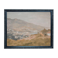 The image is a framed painting depicting a mountainous landscape with a town or village in the background.