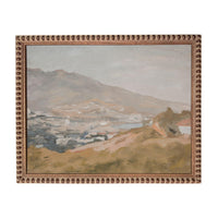 The image is a painting of a mountainous landscape with a town or village in the background.