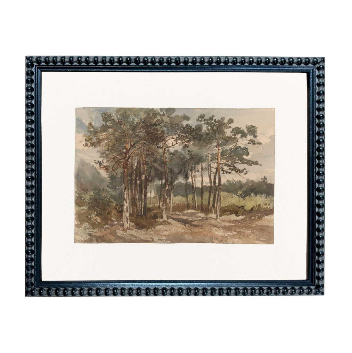 The image is a framed painting depicting a serene landscape with a group of trees in the foreground and a cloudy sky in the background.