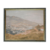 The image is a painting of a mountainous landscape with a small town or village in the foreground.