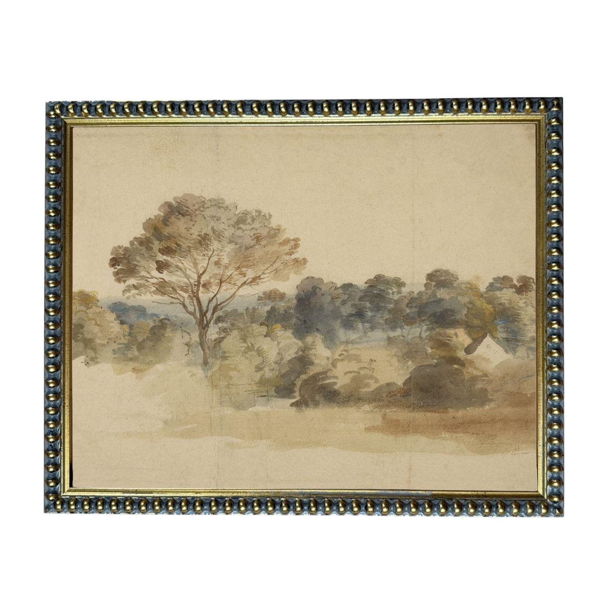 The image is a framed watercolor painting depicting a serene landscape with a tree in the foreground and a background of trees and foliage.