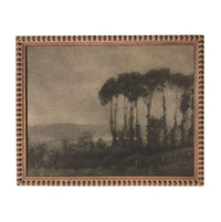 The image is a black and white landscape painting depicting a serene scene of trees in the distance.