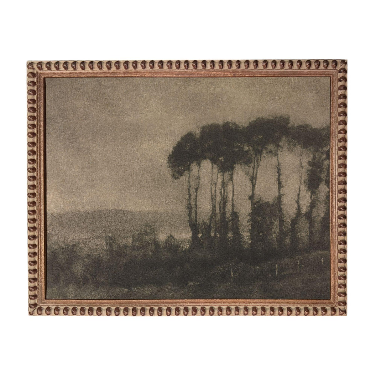 The image is a black and white landscape painting depicting a serene scene of trees in the distance.