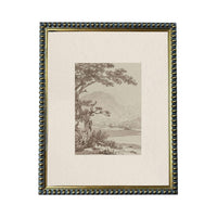 The image is a framed artwork depicting a serene landscape with a tree, mountains, and a body of water.