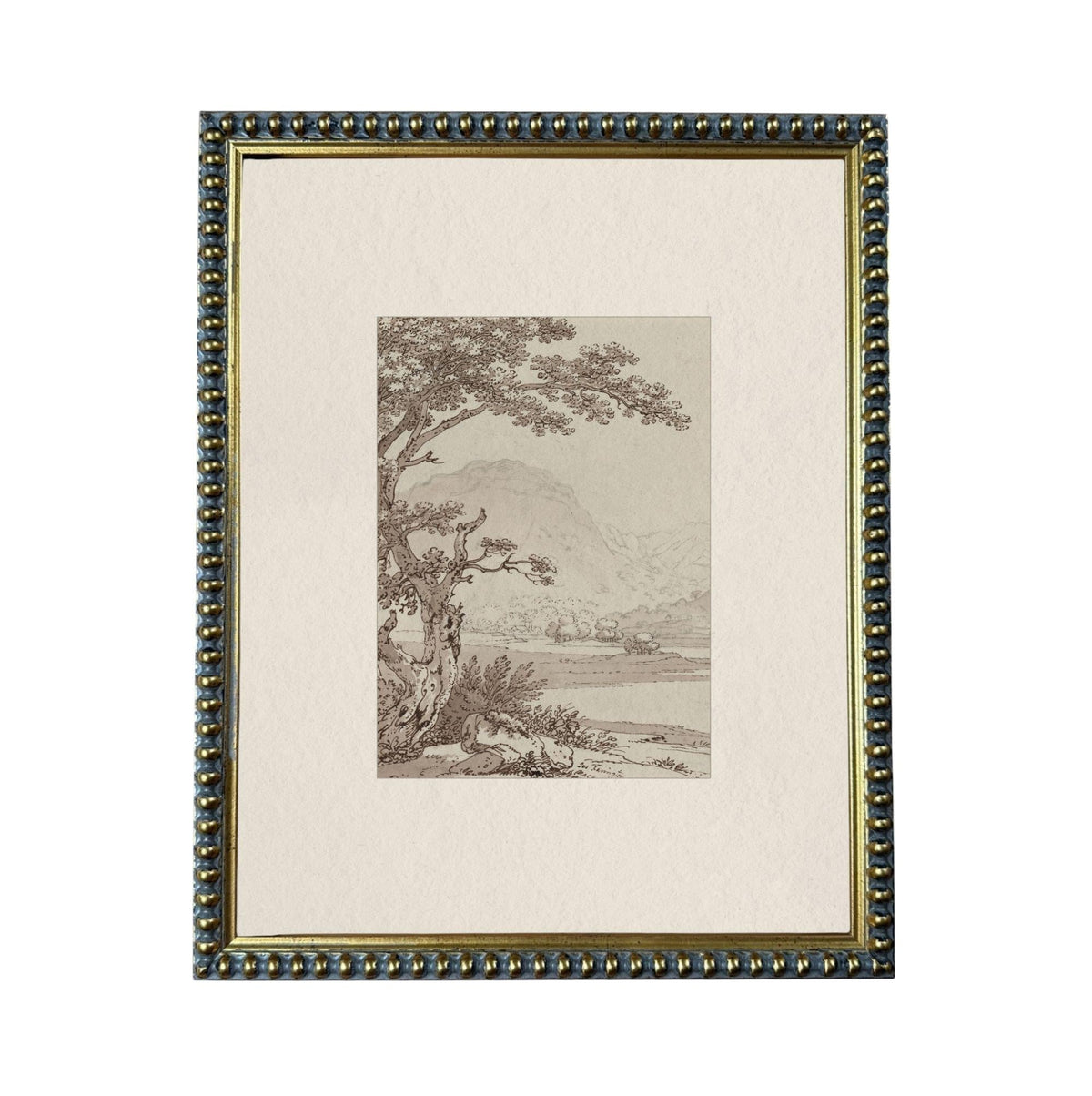 The image is a framed artwork depicting a serene landscape with a tree, mountains, and a body of water.