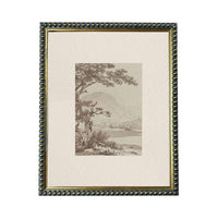 The image is a framed artwork depicting a serene landscape with a tree, mountains, and a body of water.