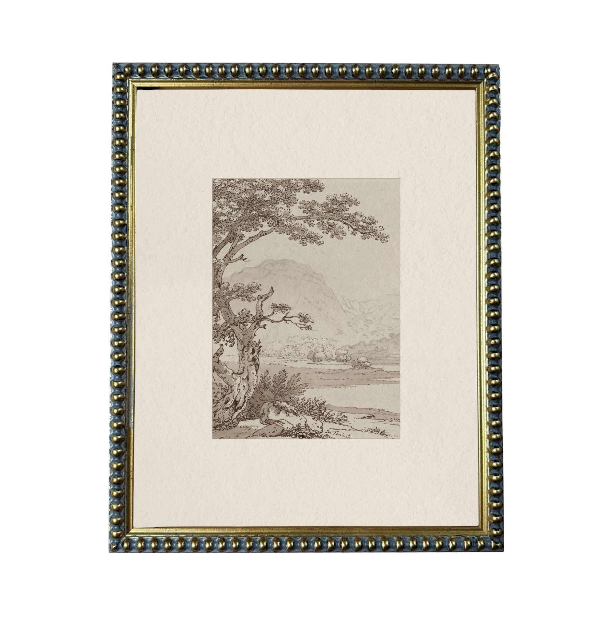The image is a framed artwork depicting a serene landscape with a tree, mountains, and a body of water.