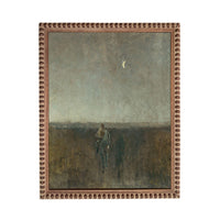 The image is a painting depicting a person riding a horse in a field under a crescent moon.