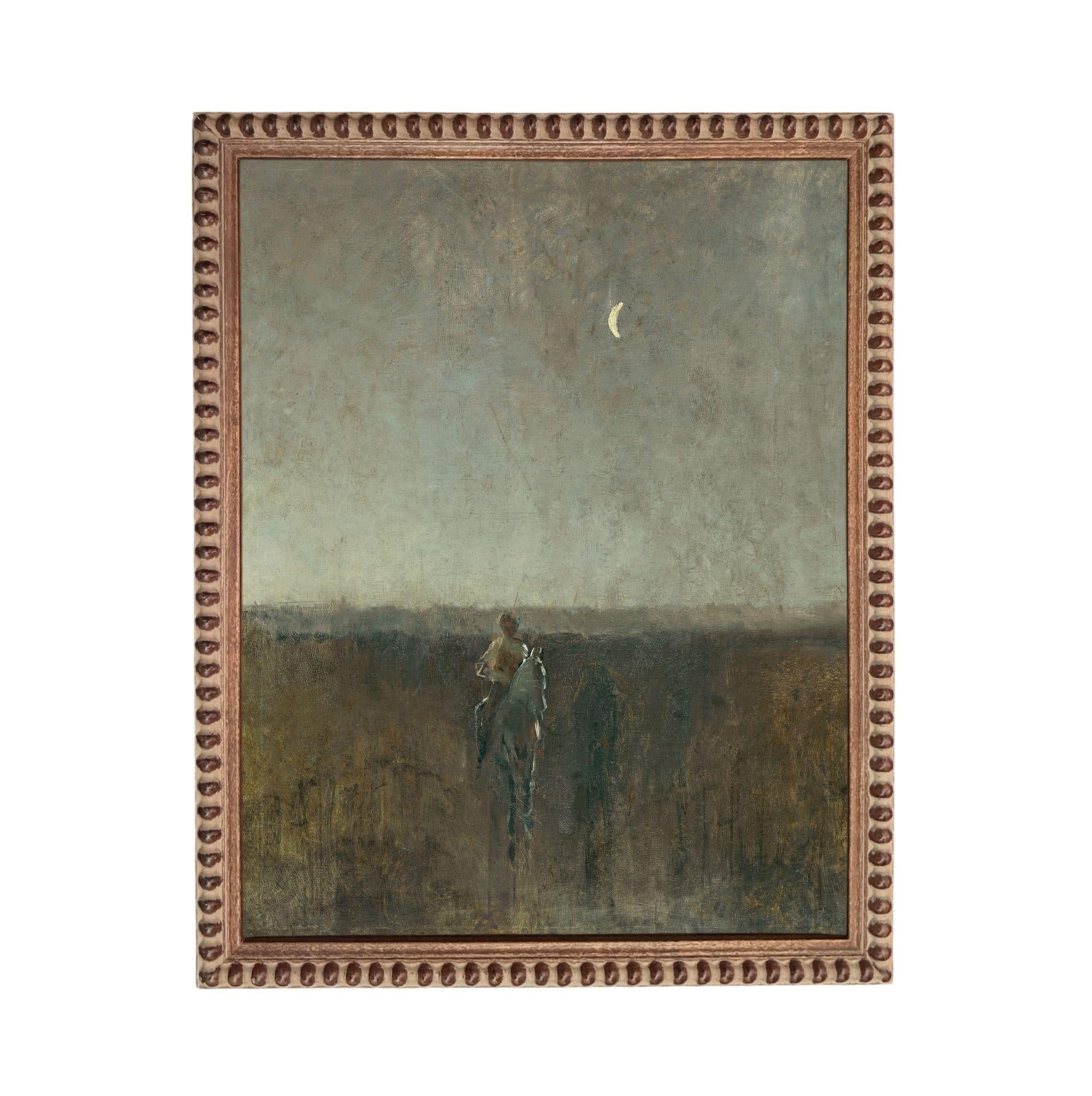 The image is a painting depicting a person riding a horse in a field under a crescent moon.