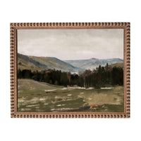 The image is a landscape painting depicting a serene countryside scene with rolling hills, trees, and a river or stream in the distance.