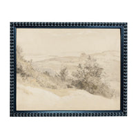 The image is a framed landscape painting depicting a serene countryside scene with trees and hills in the background.