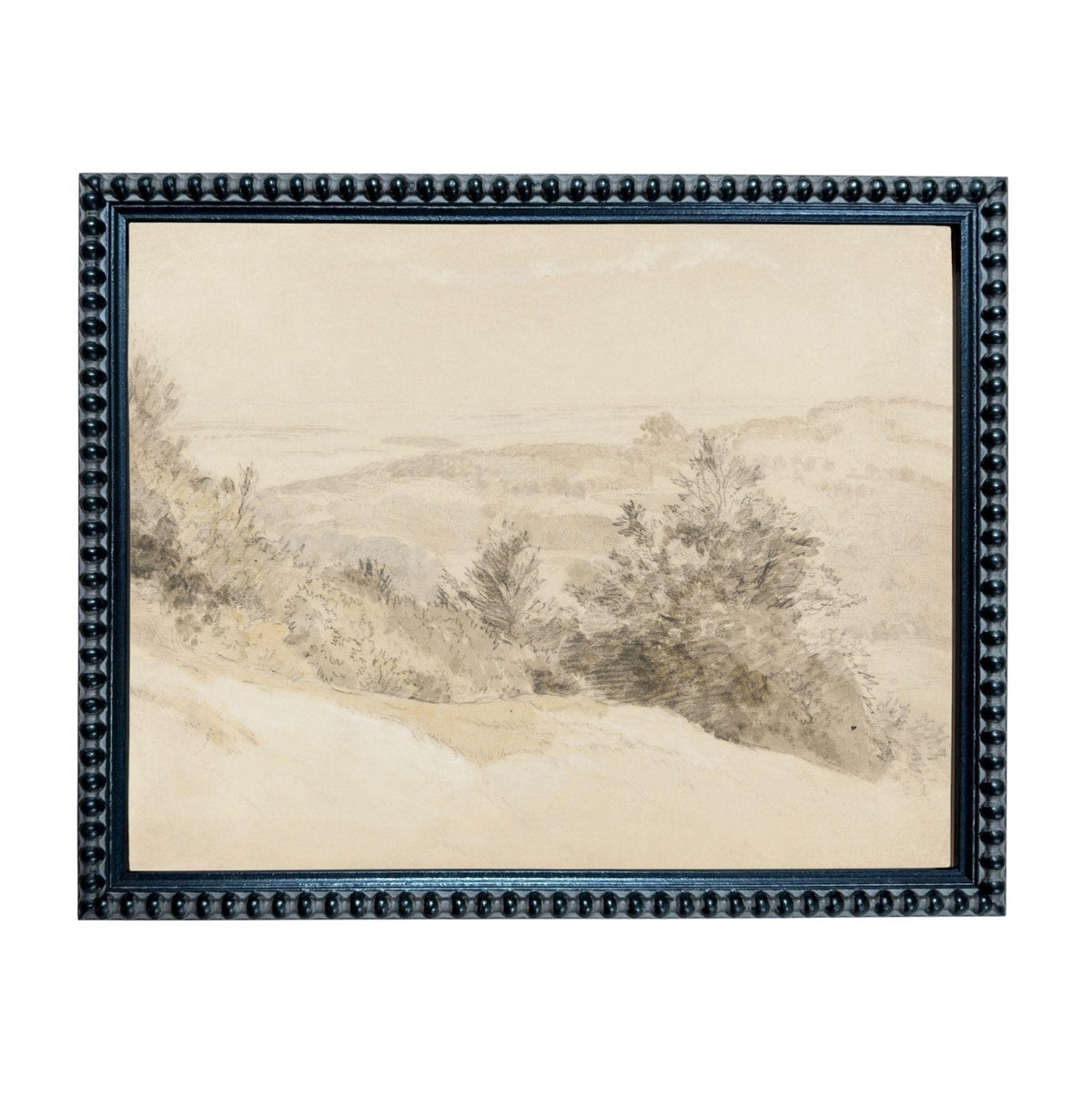 The image is a framed landscape painting depicting a serene countryside scene with trees and hills in the background.
