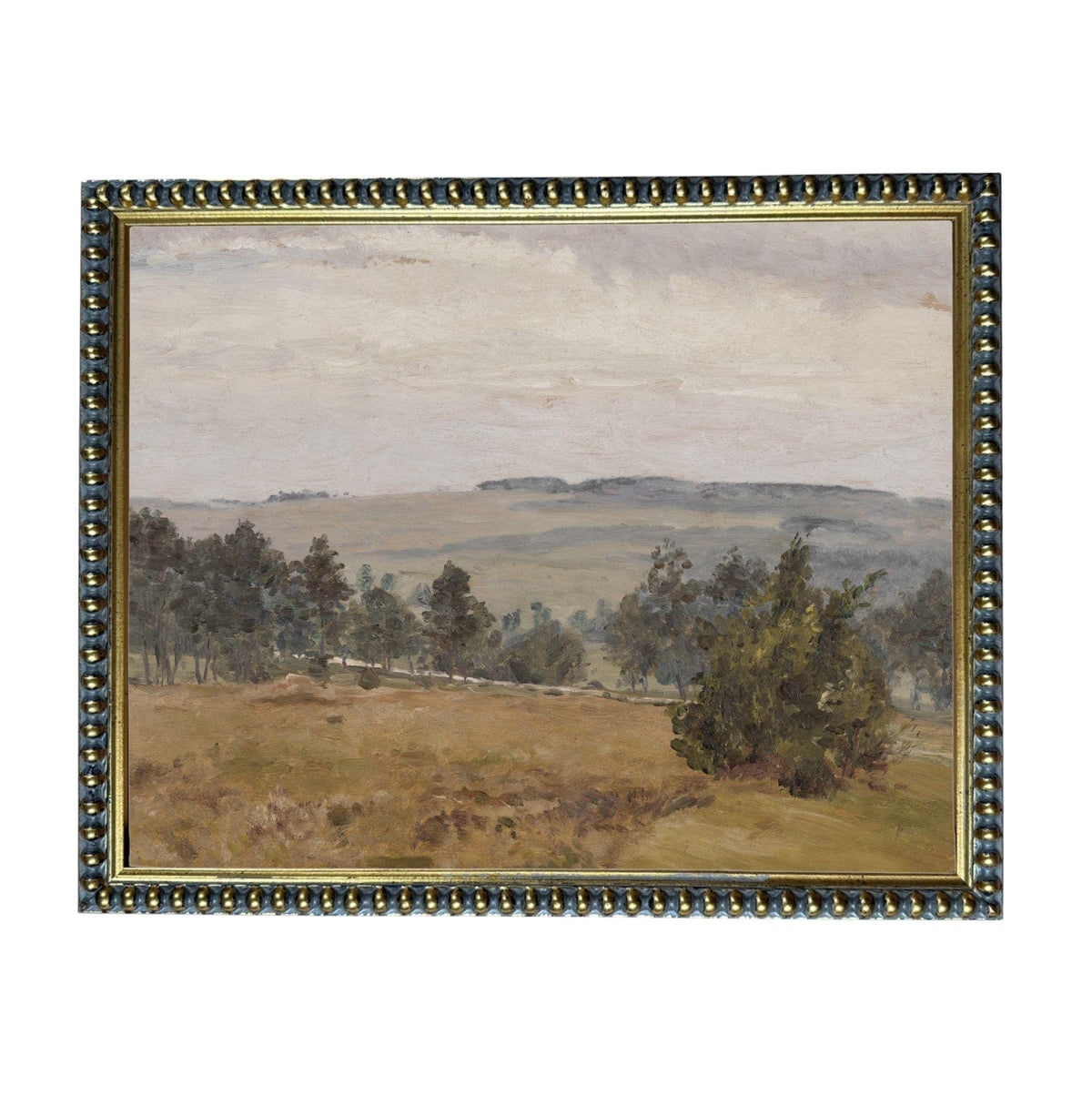 The image is a painting of a rural landscape with a field, trees, and hills in the distance.