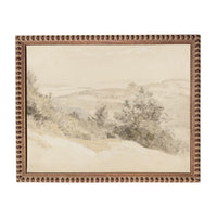 The image is a painting of a landscape with trees and hills in the background.