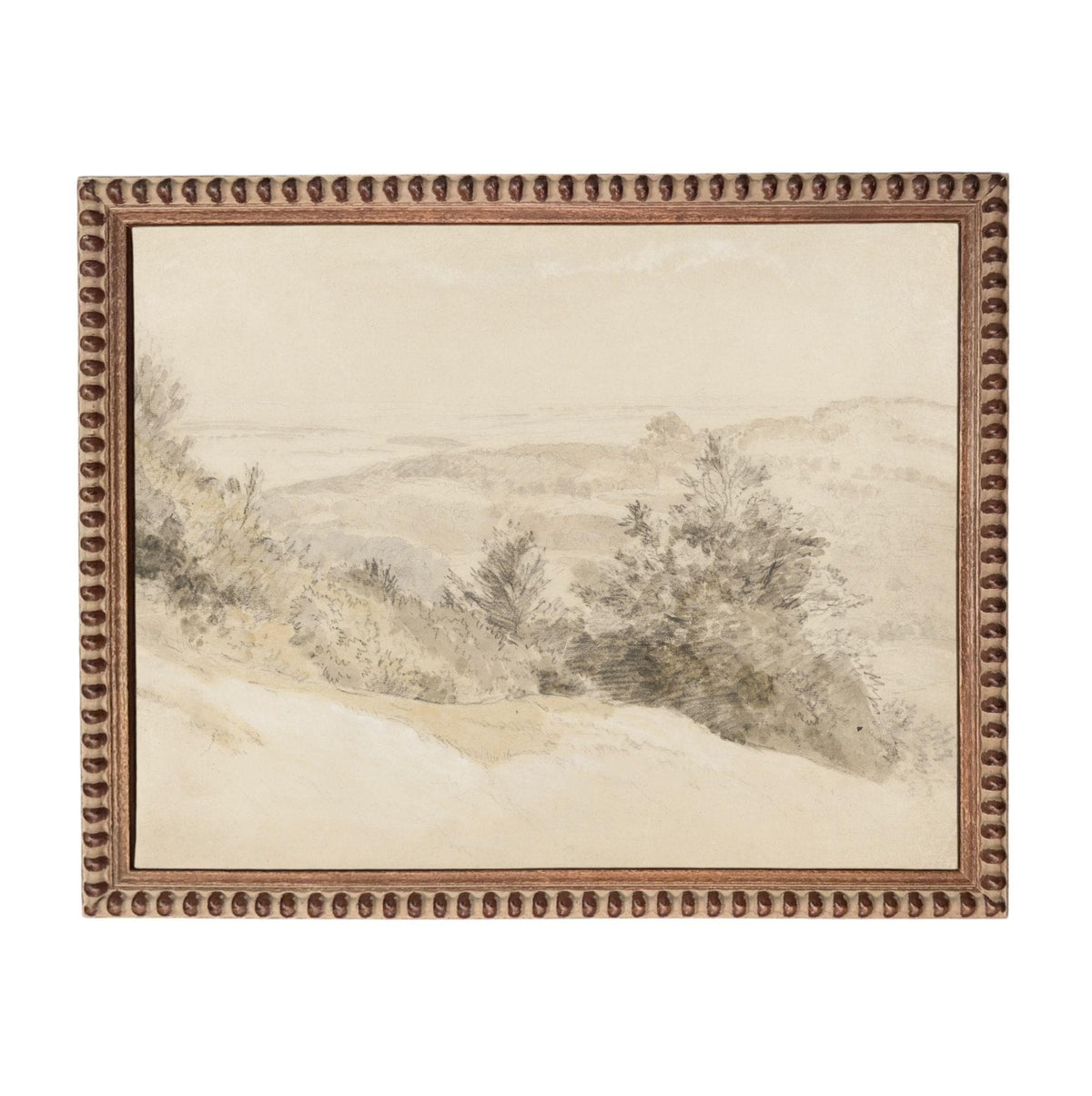 The image is a painting of a landscape with trees and hills in the background.