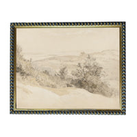 The image is a landscape painting featuring a serene scene of trees and hills in a muted color palette.
