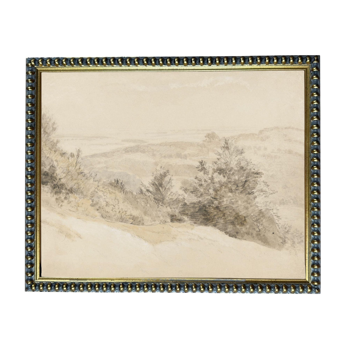 The image is a landscape painting featuring a serene scene of trees and hills in a muted color palette.