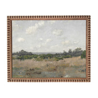 The image is a painting of a field with trees and a cloudy sky in the background.