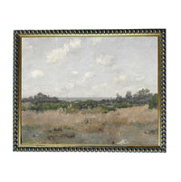 The image is a painting of a field with trees and a cloudy sky in the background.