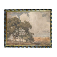 The image is a painting of a large tree with a cloudy sky in the background.