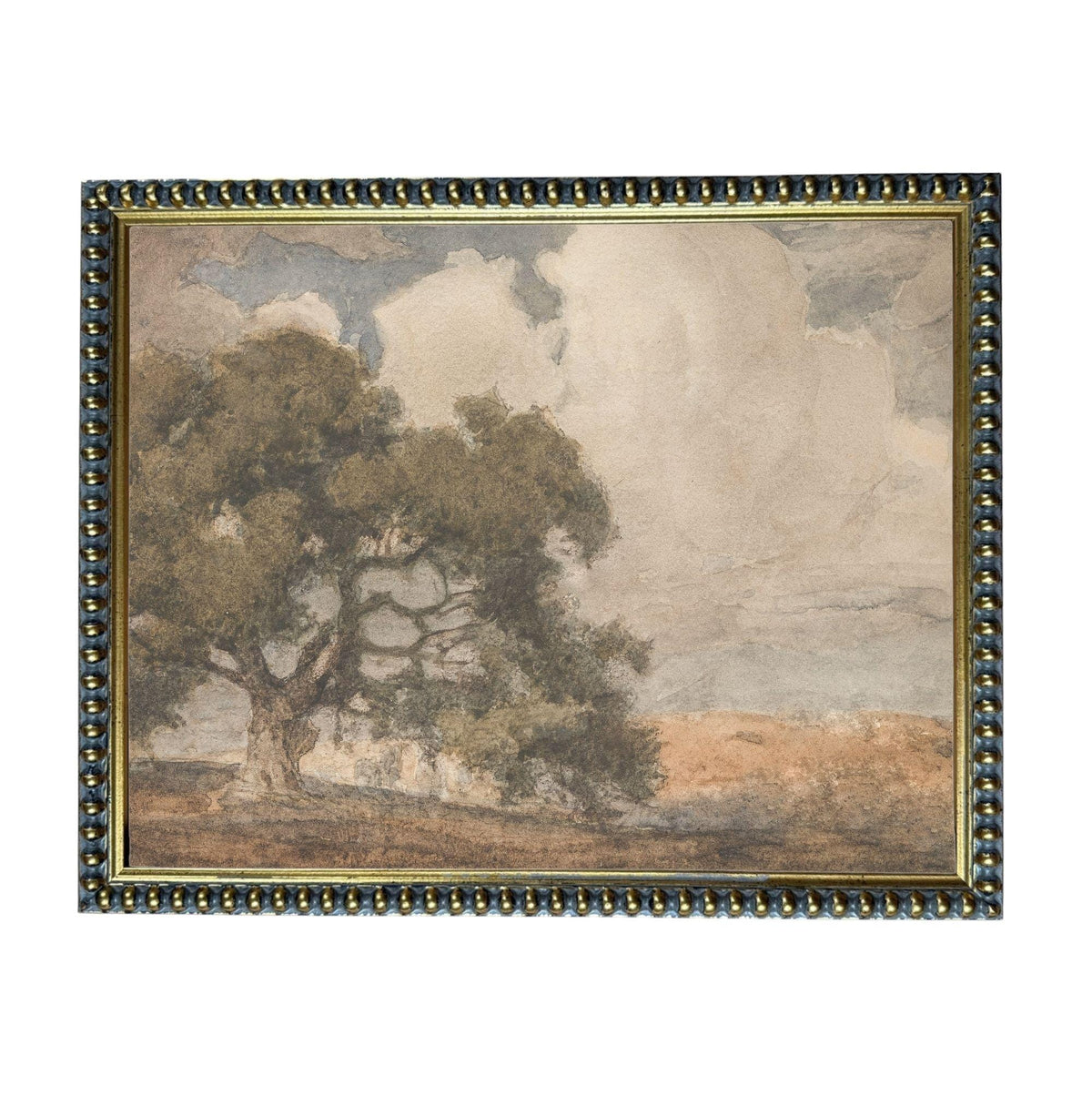 The image is a painting of a large tree with a cloudy sky in the background.
