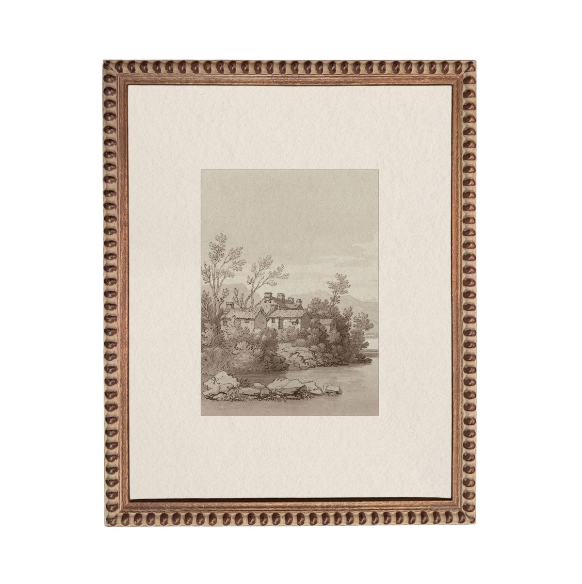 The image is a framed print depicting a serene landscape with a house nestled among trees and a body of water in the background.