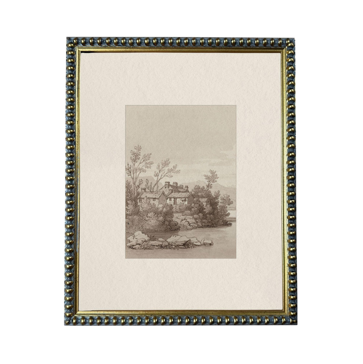 The image is a framed print depicting a serene landscape with a house nestled among trees and a body of water in the background.