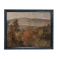 The image is a framed painting depicting a landscape with a mountain in the background and trees in the foreground.