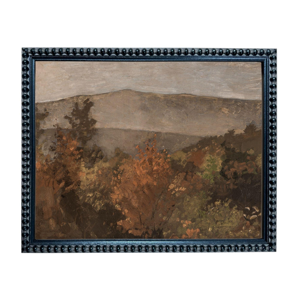 The image is a framed painting depicting a landscape with a mountain in the background and trees in the foreground.