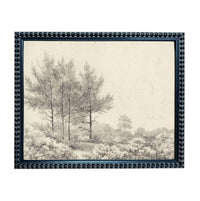 A black and white landscape painting depicting a serene scene of trees and foliage in a natural setting.