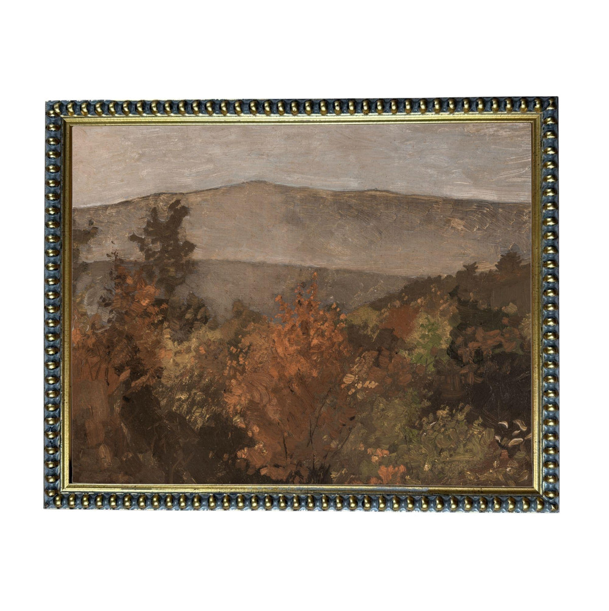 The image is a painting of a mountainous landscape with trees and foliage in autumn colors.