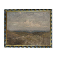 The image is a painting of a landscape with a cloudy sky and rolling hills.