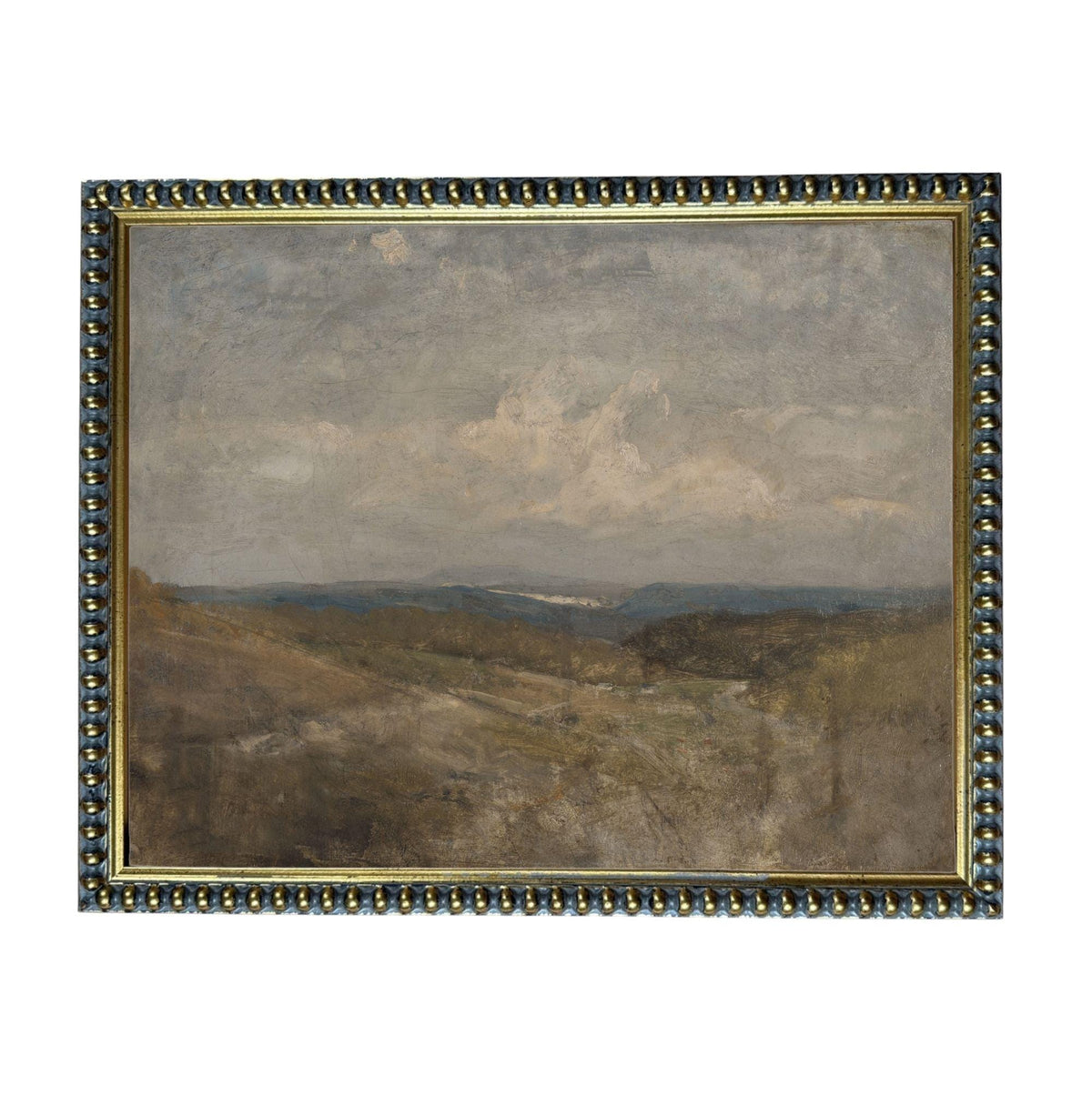 The image is a painting of a landscape with a cloudy sky and rolling hills.