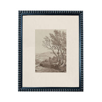 The image is a framed artwork depicting a serene landscape with a tree in the foreground and a distant view of a valley or hill in the background.