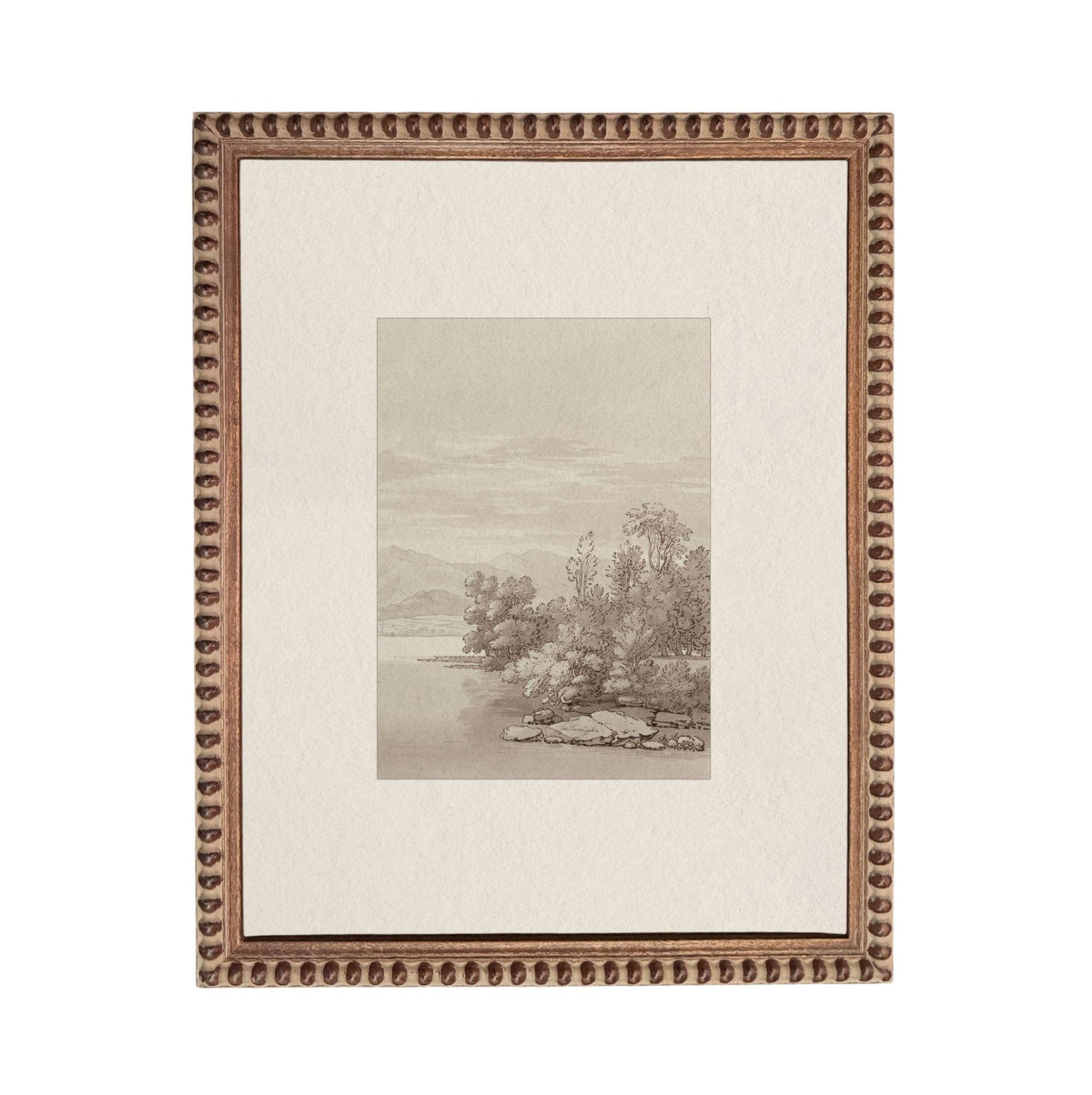 The image is a framed artwork depicting a serene landscape with trees, water, and mountains in the background.