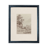 The image is a framed artwork depicting a landscape scene with a tree, mountains, and a body of water.