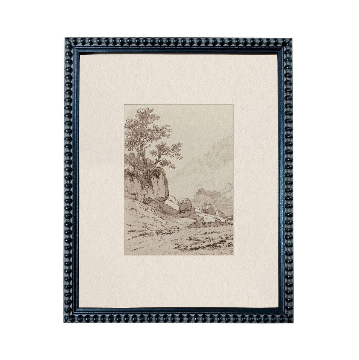 The image is a framed artwork depicting a landscape scene with a tree, mountains, and a body of water.
