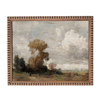 The image is a painting of a landscape with trees, grass, and clouds in the sky.
