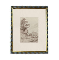 The image is a framed artwork depicting a landscape scene with a tree, mountains, and a body of water.