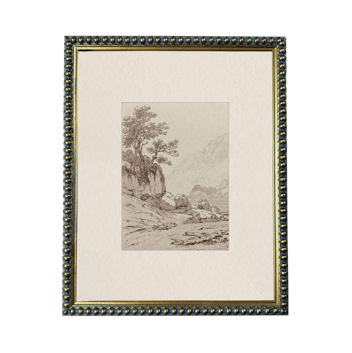 The image is a framed artwork depicting a landscape scene with a tree, mountains, and a body of water.
