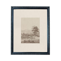 The image is a framed artwork depicting a serene landscape with a river, trees, and people enjoying the scenery.