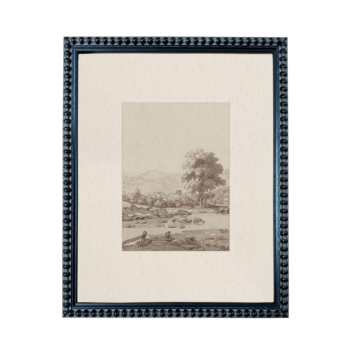 The image is a framed artwork depicting a serene landscape with a river, trees, and people enjoying the scenery.