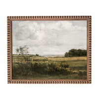 The image is a painting of a rural landscape with a field, trees, and a cloudy sky.