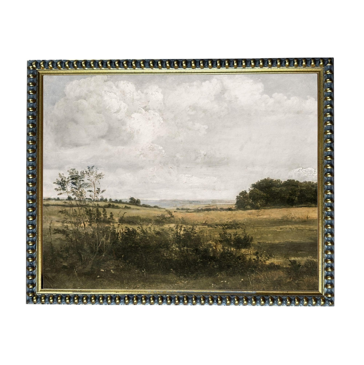 The image is a painting of a rural landscape with a field, trees, and a cloudy sky.