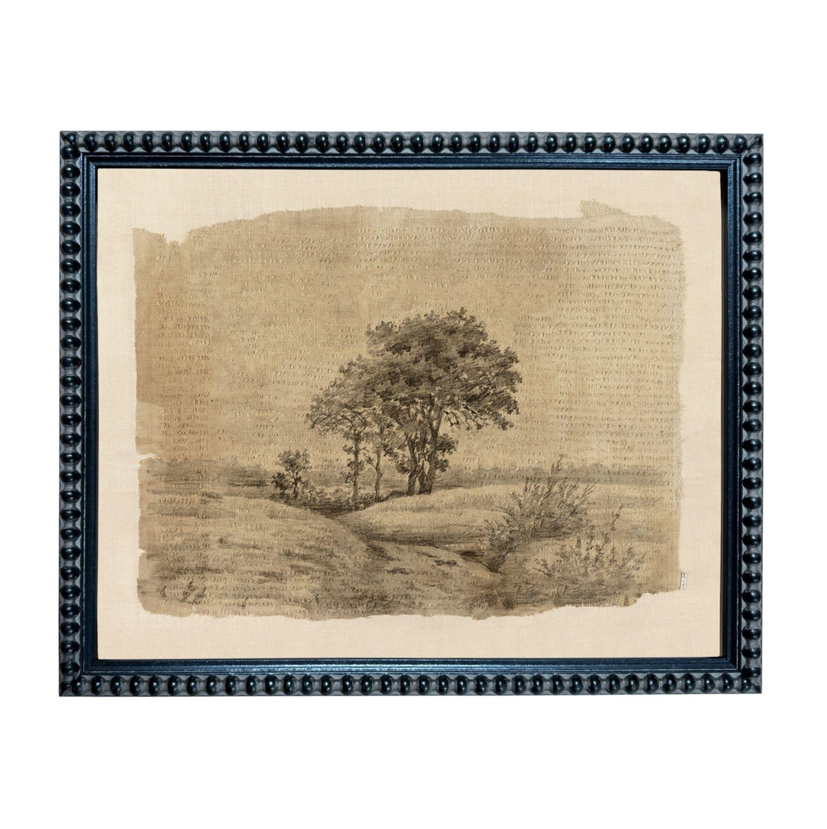 The image is a framed artwork depicting a serene landscape with a tree in the foreground and a field in the background.