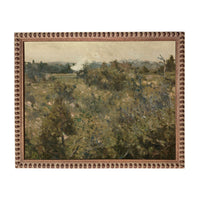 The image is an oil painting depicting a landscape with a field of trees and a body of water in the distance.