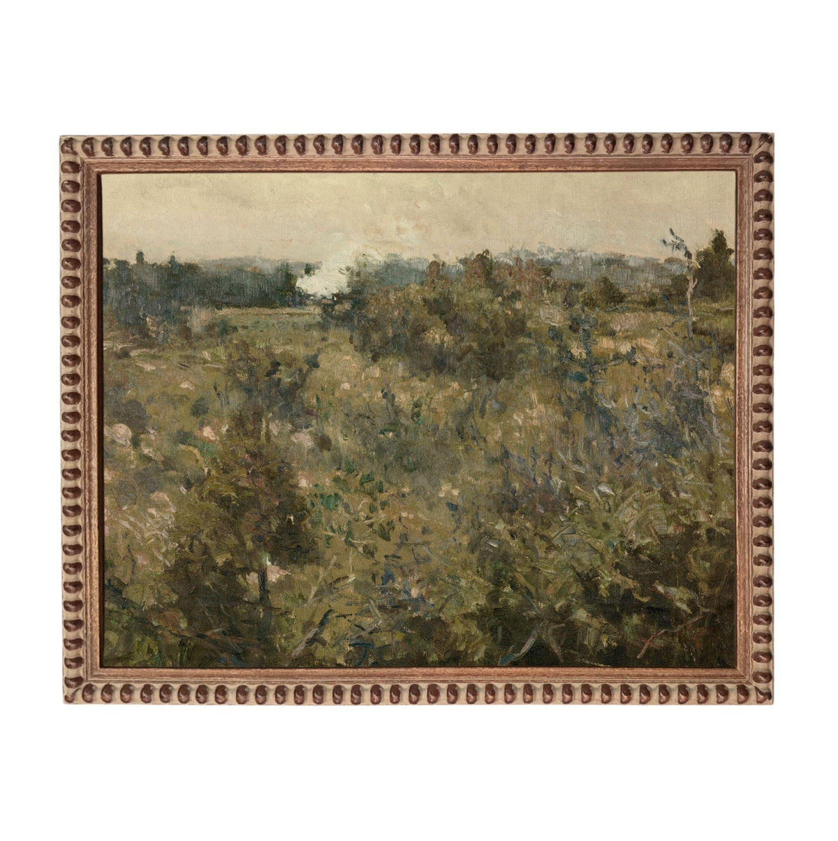 The image is an oil painting depicting a landscape with a field of trees and a body of water in the distance.