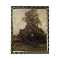 The image is a painting of a large tree in a field, with a cloudy sky in the background.
