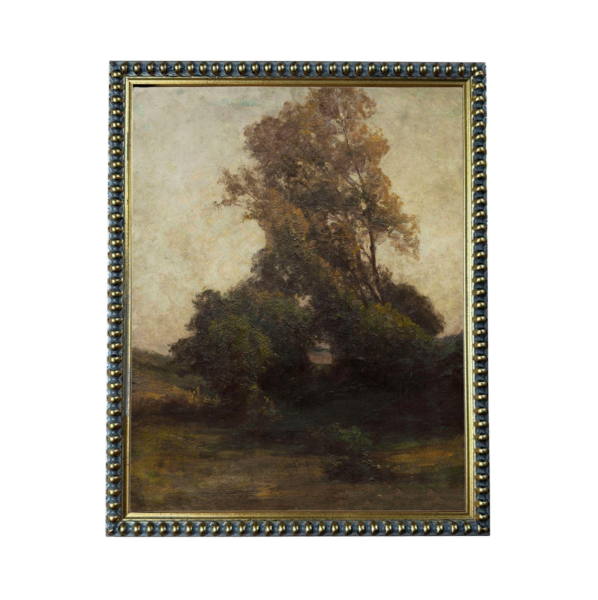 The image is a painting of a large tree in a field, with a cloudy sky in the background.