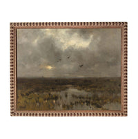 The image is a painting depicting a landscape with a cloudy sky, birds flying, and a body of water in the foreground.